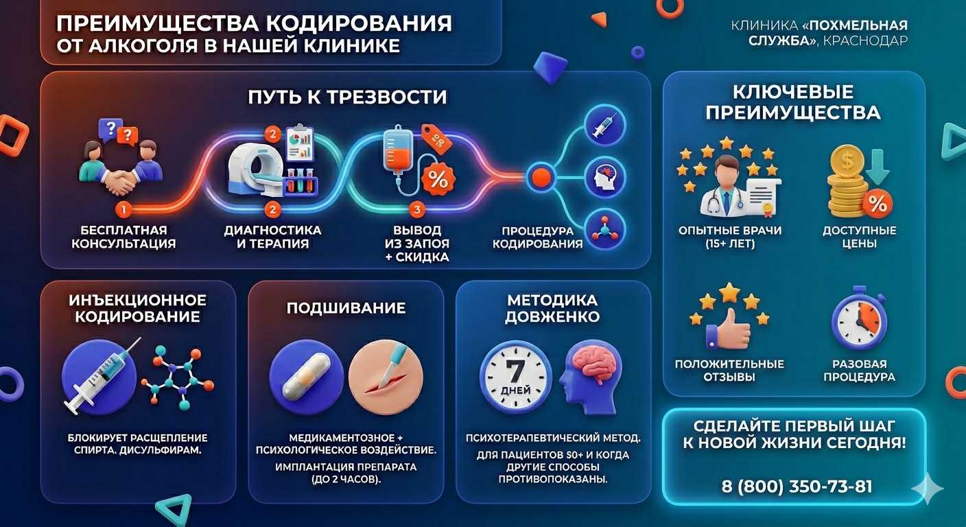 Инфографика о методах кодирования от алкоголя в Варгашах: инъекции, подшивание, метод Довженко. Преимущества клиники и этапы лечения.